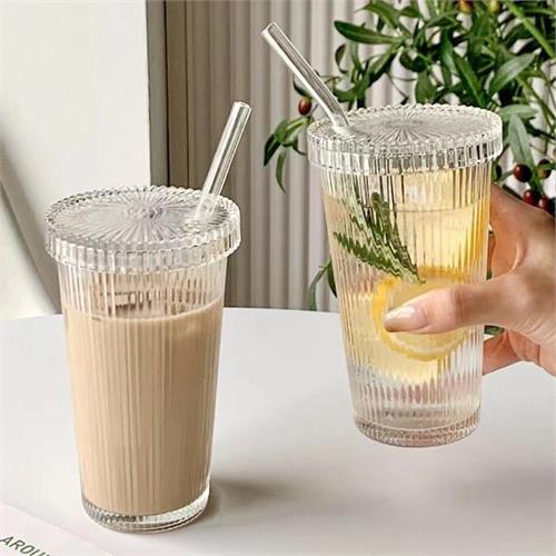 Transparent Glass Cup with Lid and Straw 380ml