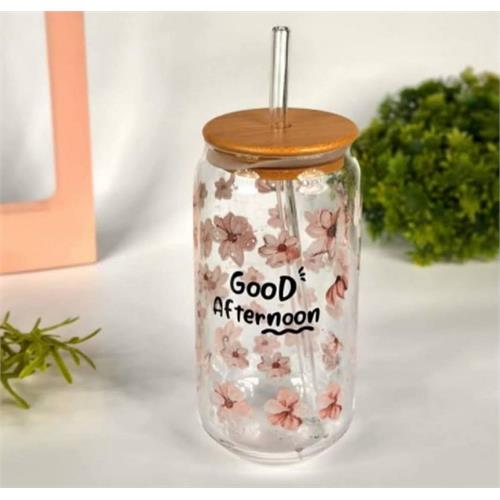 Floral Glass Mug With Wood Lid - 550ml