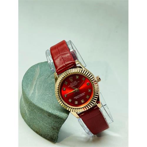 Rolex Small Dial Leather Watches For Ladies (Red Strap)