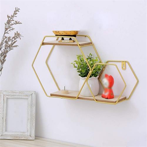 2 Layer Hexagon Wall Shelf - Gold Metal