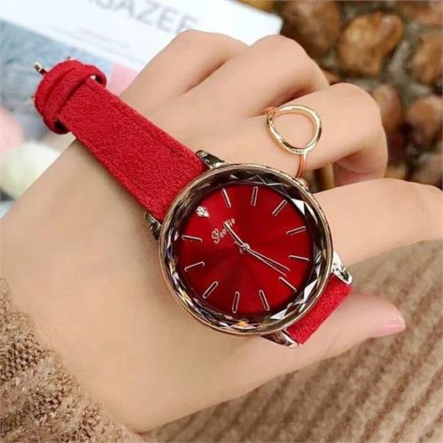 Leather Strap Diamond Ladies Watch (Red Strap)