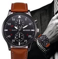 MIGEER Luxury Black Men Leather Strap Brown Watch