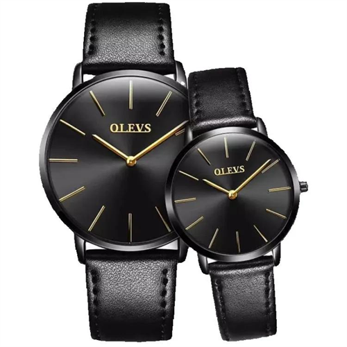 Oleves Leather Strap Couple Black Dial Watch