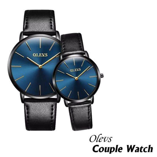 Oleves Leather Strap Couple Watch (BLACK)