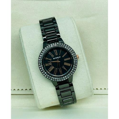 Orix Chrome Tone Crystal Black Dial Ladies Watch