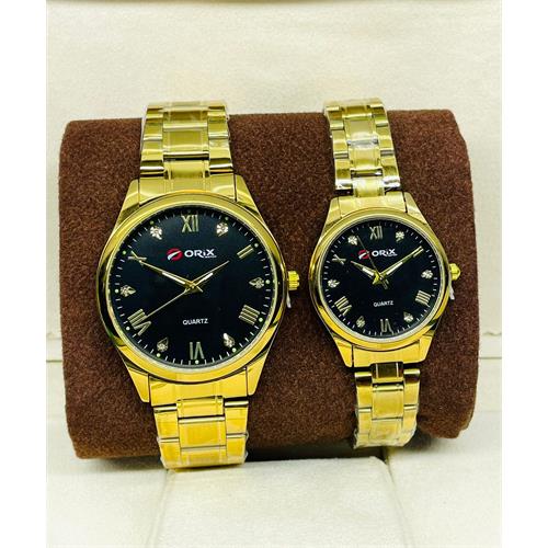 Orix Stainless Steel Couple Black Dial Gold Watch