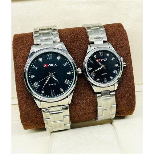 Orix Stainless Steel Couple Black Dial Sliver Watch