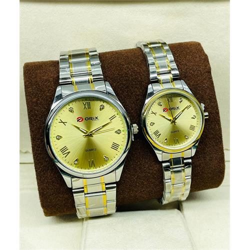 Orix Stainless Steel Couple Gold Dial Watch (Gold & Sliver)