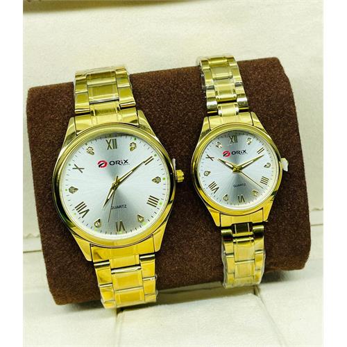 Orix Stainless Steel Couple White Dial Gold Watch