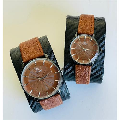 Titan Leather Strap Couple Watch (Brown)