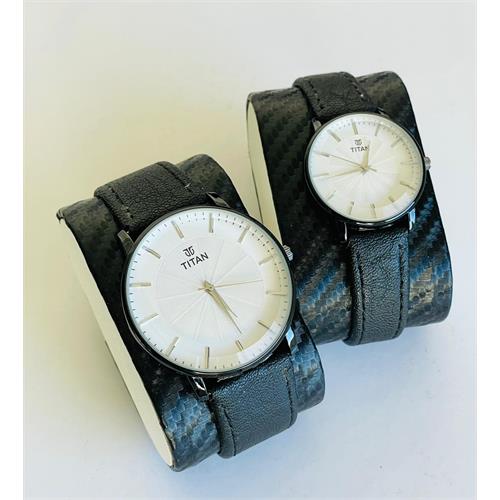 Titan Leather Strap Couple Watch (White)