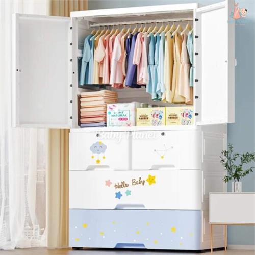 Extra-Wide Cute Cartoon Design Kids Wardrobe / Baby Cupboard with Drawers Blue Bear