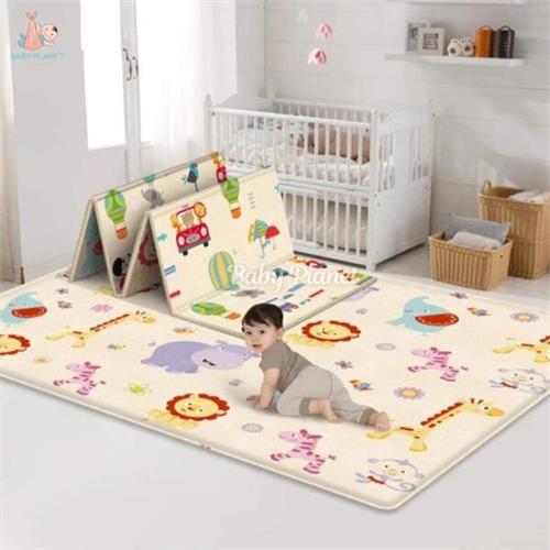 Cute Cartoon Design Double Side Printed Foldable Baby Play Mat with Storage Bag Animals and Vehicles