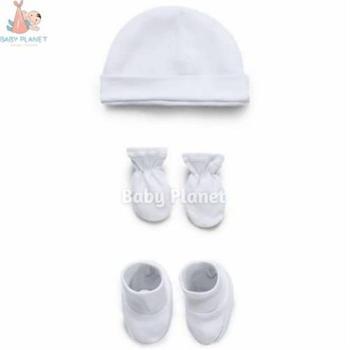 Plain White Imported Newborn Cap Socks and Mittens set