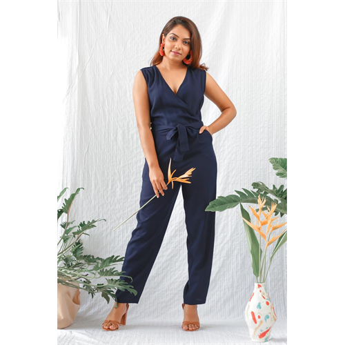 Ayana Tassy Linen Sleeveless Wrap Jumpsuit - Navy Blue