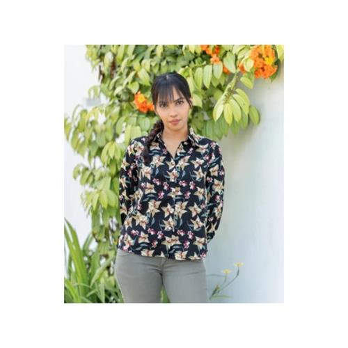 Floral Print Front Button Shirt Blouse - Black