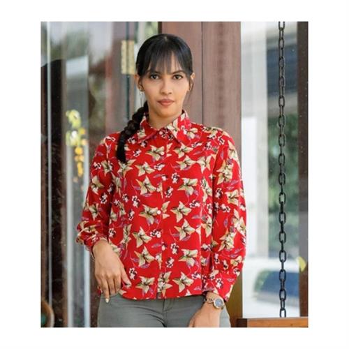 Floral Print Front Button Shirt Blouse - Red