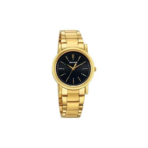Sonata Classic Quartz Analog Black Dial Golden Stainless Steel Strap Men's Watch