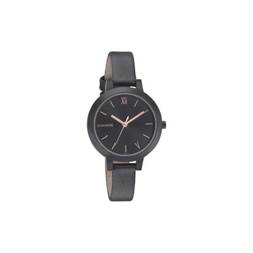 Sonata Quartz Analog Black Dial Leather Strap Women's Watch