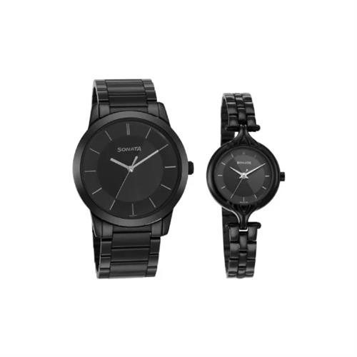 Sonata Quartz Analog Black Dial Stainless Steel Strap Couple Watch