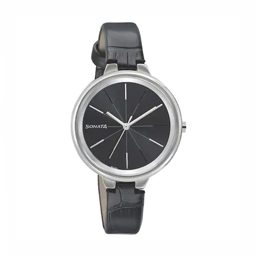 Sonata Quartz Black Dial Black Leather Strap Women's Watch W/Box
