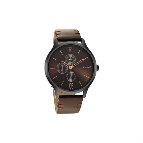 Sonata Quartz Multifunction Brown Dial Leather Strap Men's Watch