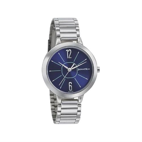 Sonata Steel Daisies Blue Dial Stainless Steel Strap Women's Watch