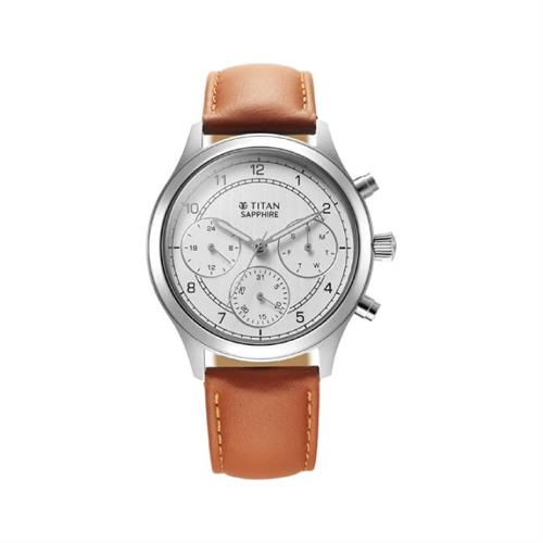 Titan Sapphire Quartz Multifunction White Dial Leather Strap Men's Watch