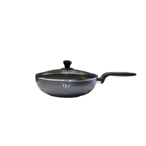 TKS 28CM Wok long handle Hard Anodized material 3mm Thickness Induction Bottom & Glass lid- HANSLW-28