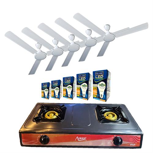 5 x Kelani Ceiling Fan - White (Manufactured by Havells) - KEL-25FANBZZWZ + 5 x Free Energy Saving LED Bulb Screw Type E27 (LED012SL-WWW) + Aklan Two Burner Gas Cooker - ANS GC 222 NS