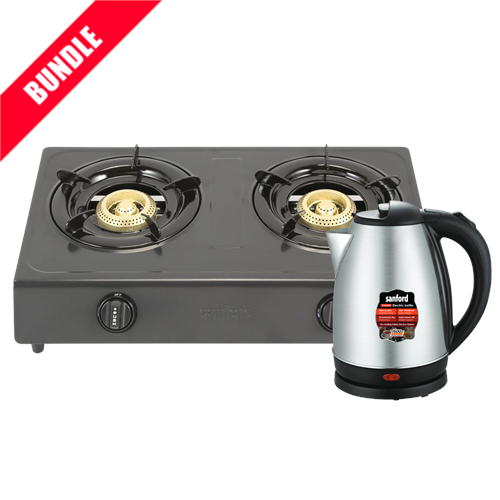 Sanford 2 Burner Stainless Steel Gas Cooker with Two Year Warranty (Ultra Gas Saving) SF-5222GC + Sanford 1.8L Stainless Steel Matt Finish Electric Kettle - SF-3343EK