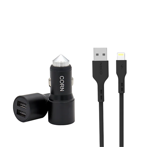 Corn 2.4A Dual USB Metal Car Charger with Lightning Cable - CC003-A