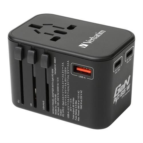 Verbatim 3-Ports 65W Gan Universal Portable Adaptor With 2Xpd & 1Xqc3.0 - 66851