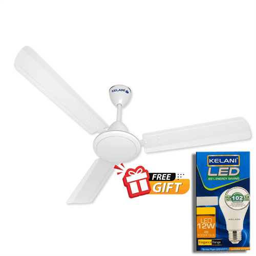 Kelani Ceiling Fan - White (Manufactured by Havells) - KEL-25FANBZZWZ + Free Energy Saving LED Bulb Screw Type E27 (LED012SL-WWW)