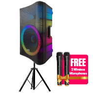JVC Party Speaker 2000W with 2 Wireless Mics & Tripod + Remote - Black