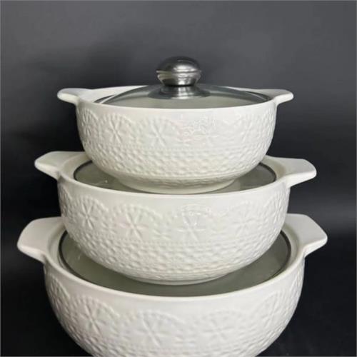 3 Piece Ceramic Serving Bowl Set with Glass Lids