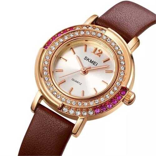 SKMEI Fashion Luxury Diamond Design Leather Strap Ladies Watch