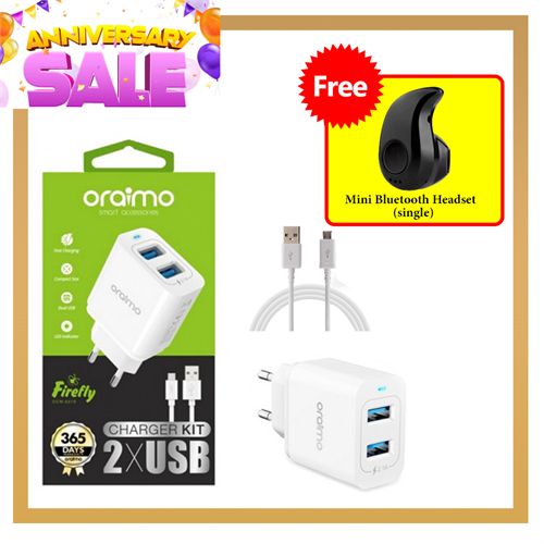 Oraimo Charger 2 Port With Micro USB Cable (Free Mini Bluetooth Headset single)