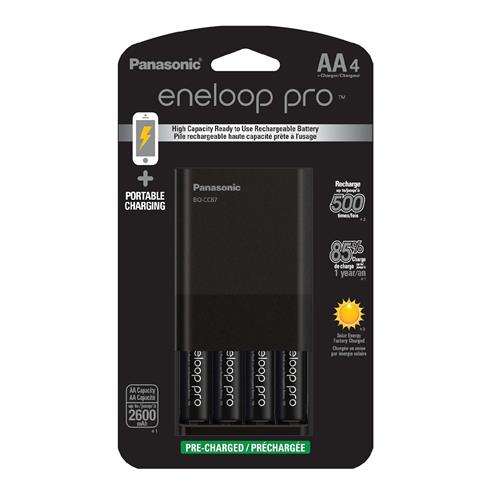Panasonic K-KJ87KHA4BA Individual Battery Charger and 4AA eneloop pro Rechargeable Batteries, Black