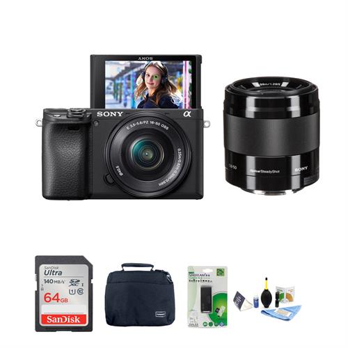 Sony Alpha a6400 Mirrorless Digital Camera with 16-50mm Lens, 50mm f/1.8 OSS Lens, SanDisk 64GB Ultra Memory Card, Shoulder Bag & Cleaning Kit