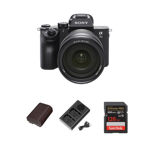 Sony Alpha a7 III Mirrorless Digital Camera with 24-105mm Lens, SanDisk 128GB Extreme PRO Memory Card, AXG Sony NP-FZ100 Charger & Battery