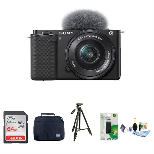Sony ZV-E10 Mirrorless Camera With 16-50mm Lens, SanDisk 64GB Ultra Memory Card, Shoulder Bag, Cleaning Kit, Card Reader & Tripod
