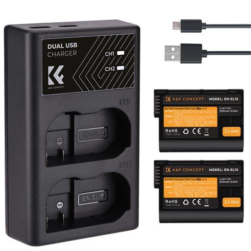 K&F Nikon EN EL15 Battery rechargeable 2 pcs dual slot battery charger kit - KF28.0012