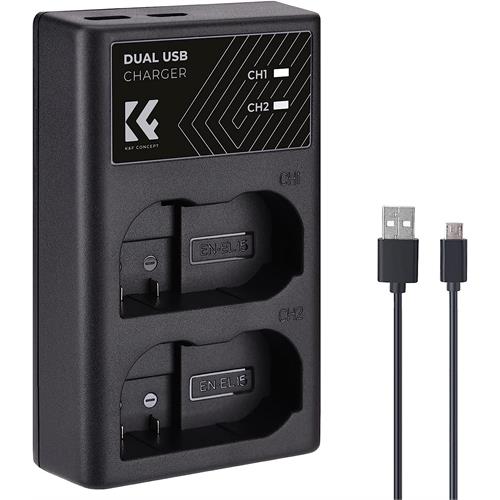 K&F Nikon EN-EL15/EN-EL15a/EN-EL15b Dual Slot Quick Charger With Micro USB and Type-C Cable - KF28.0006