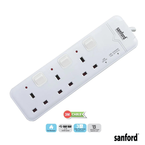 Sanford 3 Way Extension Socket with USB SF 10117ES