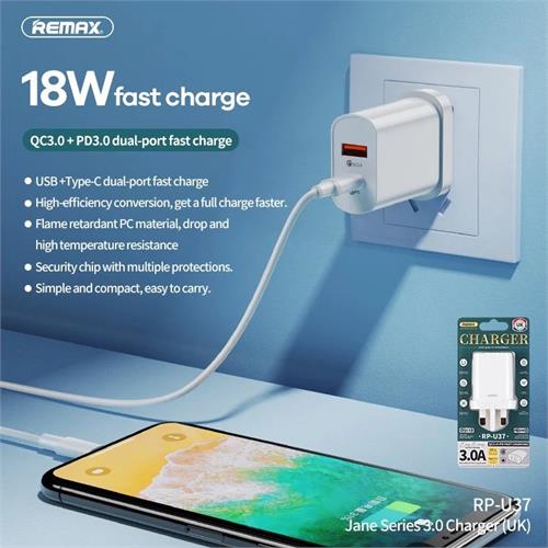 REMAX Simple Series QC 3.0+ PD Fast Charging Adapter RP-U37 18W UK