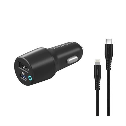 Powerology 32W Dual Port USB Car Charger with USB-C to Lightning Cable PCCSR006