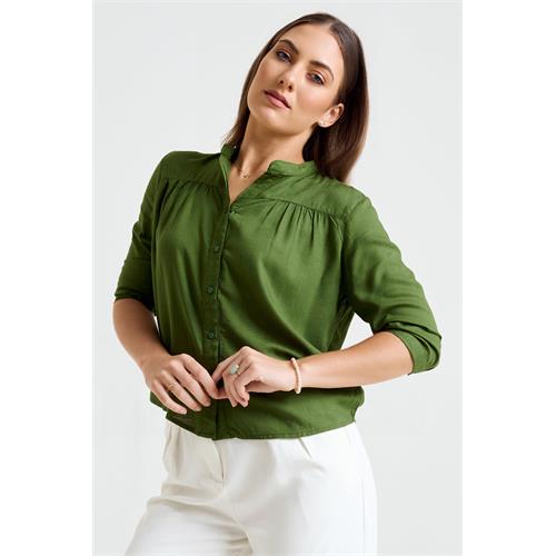 Andriana Women's Front Yoke Plain Chic Office Blouse