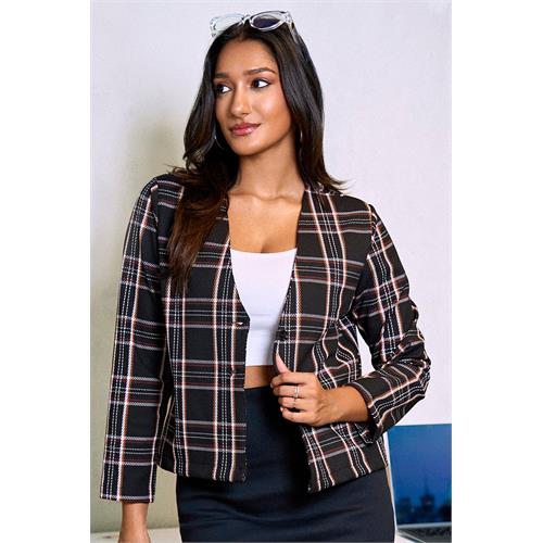 Envogue Women's Chic Long Sleeve Check Office Jacket