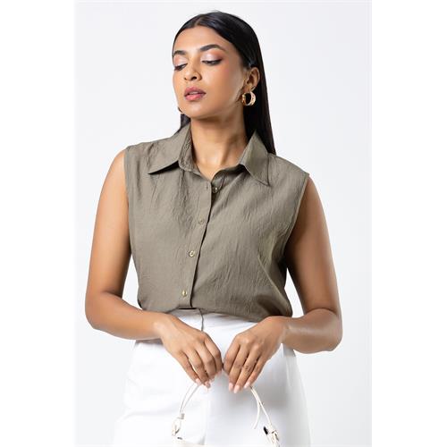 Envogue Women's With Collar Sleeve Less Plain Office Top